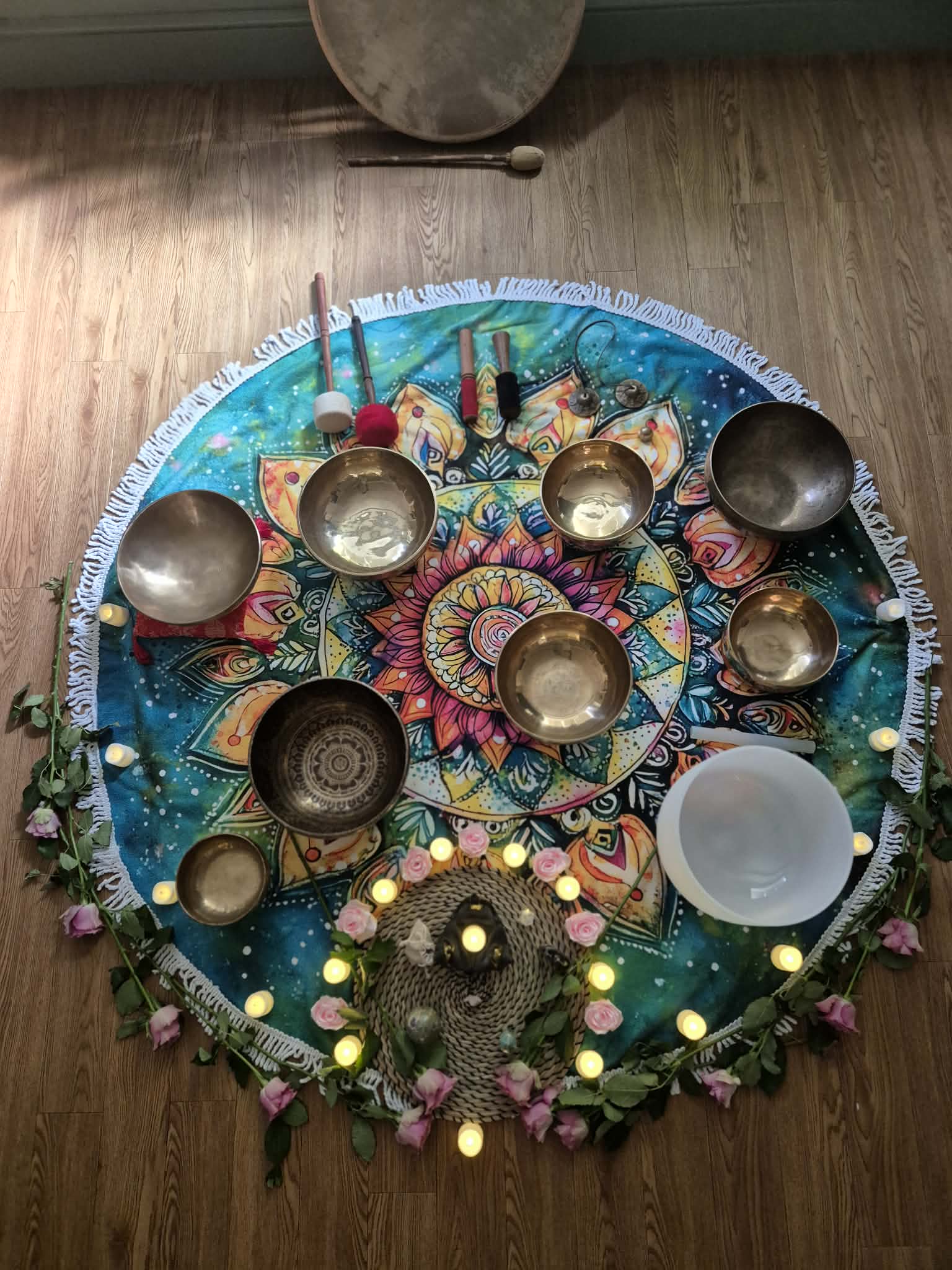 Tibetan singing bowls prepared for a Sacred Sound sound bath